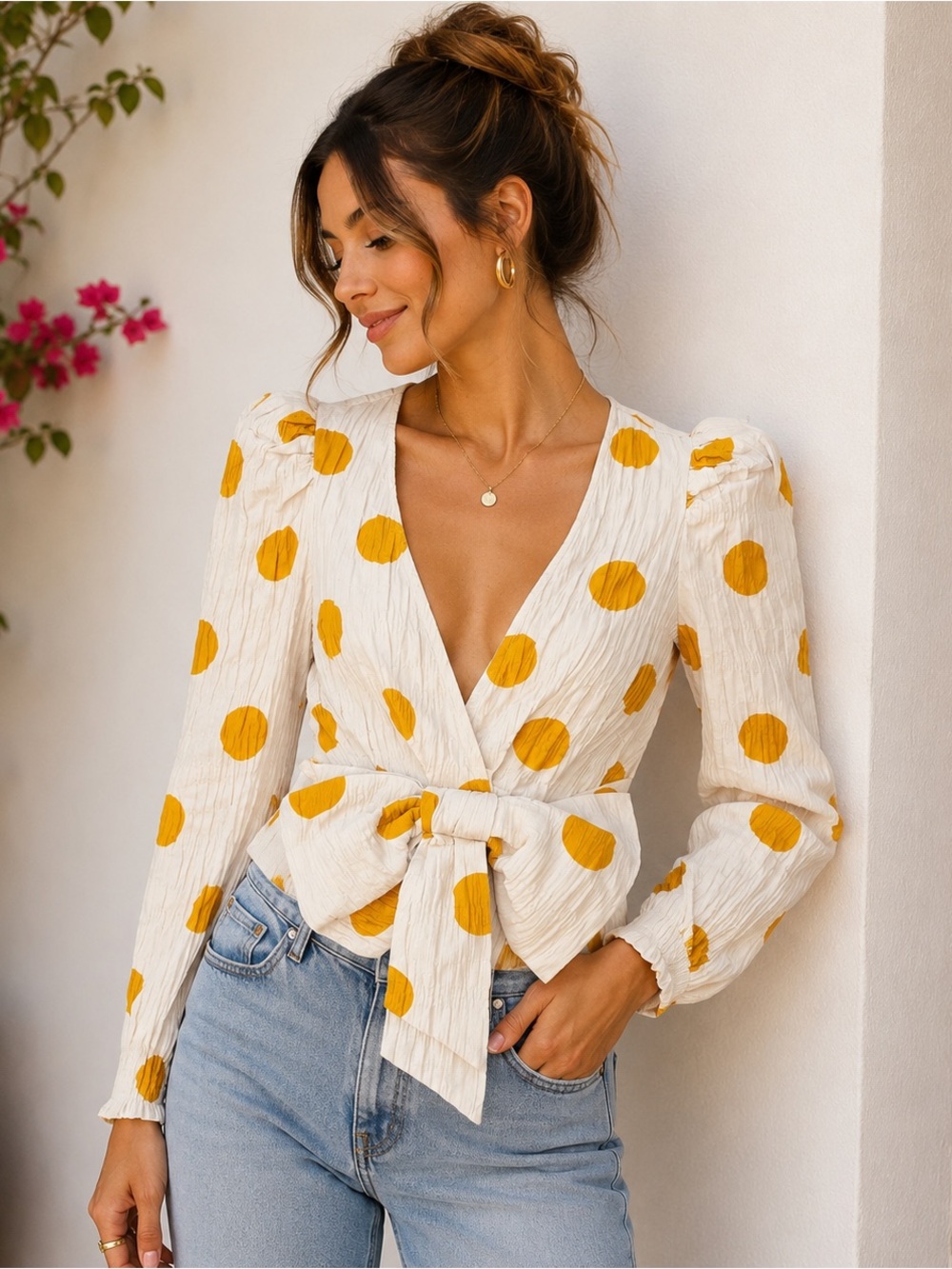 ZARA Polka Dot Bow Blouse XS White Yellow Puff Sleeve Wrap Top Cottagecore